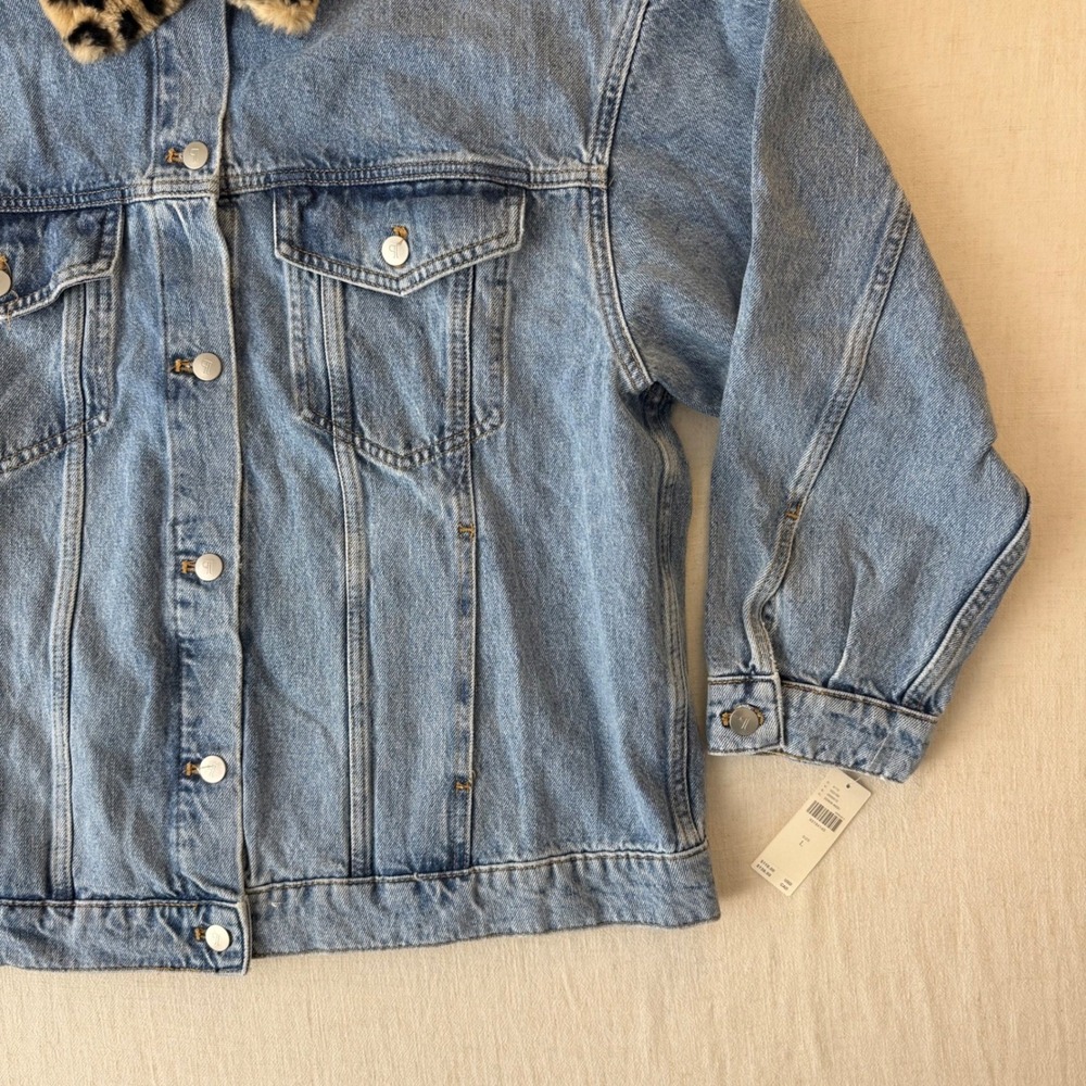 NWT Pilcro The Weston Denim Boyfriend Jacket Womens Large Leopard Collar Edition - Picture 11 of 15